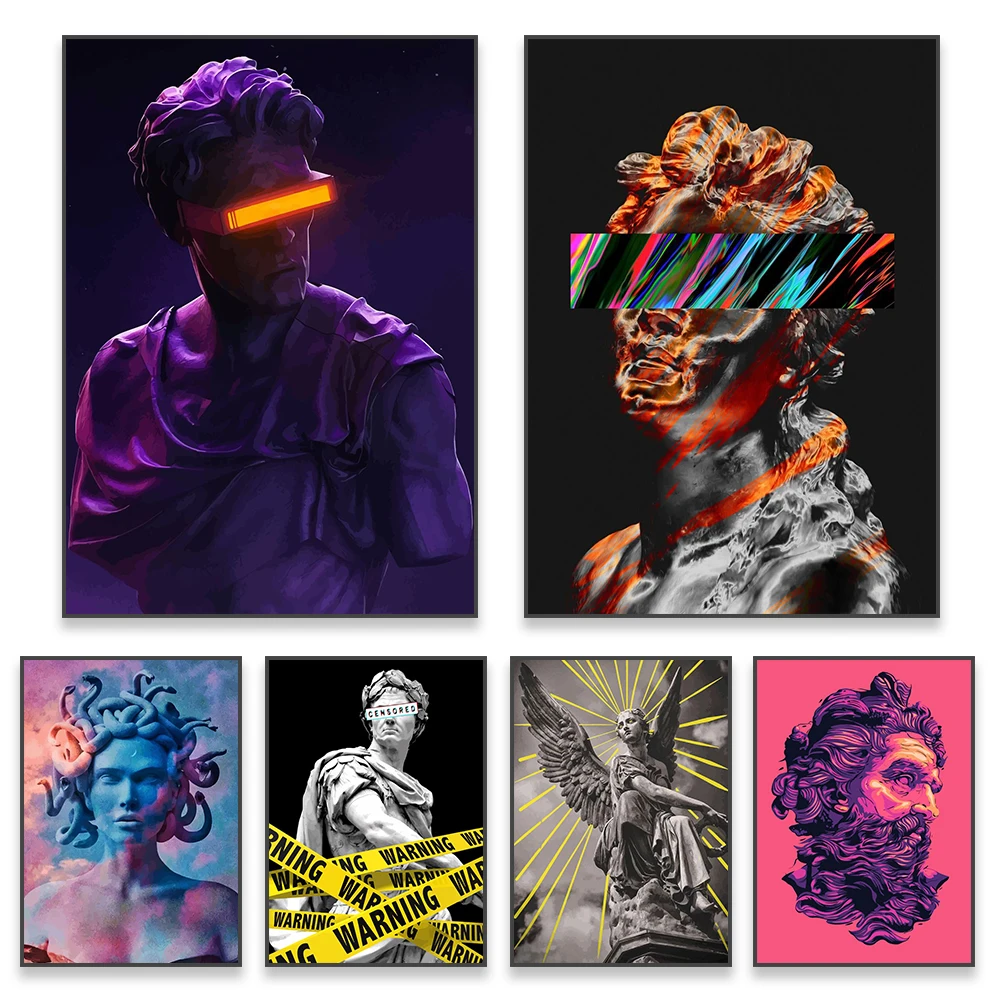 Abstract Medusa Poster Modern Neon Prints Mitologia Greca God Statue Prints Angel Sculpture Canvas Painting Classic Art Decor