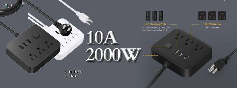 Description Picture 2 of itemUS Power Strip 6 AC Outlets 10A 110v 220v 3 USB Ports Sockets 1 TYPE-C Smart Patch Panel 2000w Black Power Surge Protection Plug