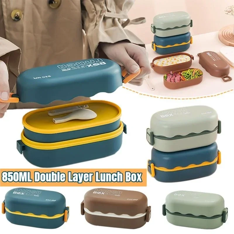 

1pc Bento Box, Lunch Box, Double Layered Lunch Box With Spoon, High Capacity Food Containers, Leakproof Eco-Friendly
