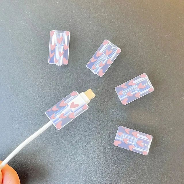 5pcs Soft Silicone Charger Cable Winder Fast Charging Cable Protector Sleeve for Apple IPhone Data Cord pink love Case Clip