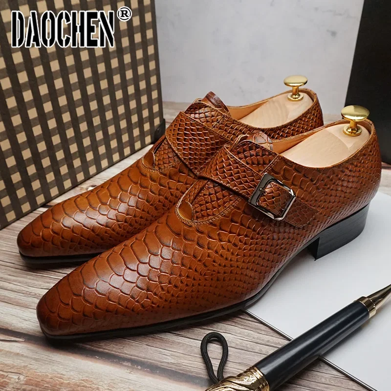 Luxury Men's Loafers Dress Shoes Snake Prints Formal Men Casual Shoes Black Brown Monk Loafers Office Wedding Leather Shoes Men 3
