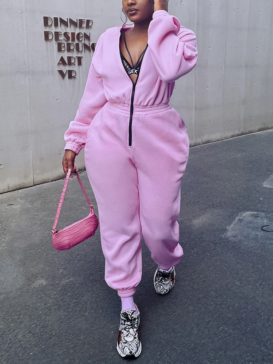 LW Zipper Up Fall Winter One Piece Pink Letter Loose Sweat Jumpsuit Deep V Neck Sporty Cargo Long Pants Romper with Pockets