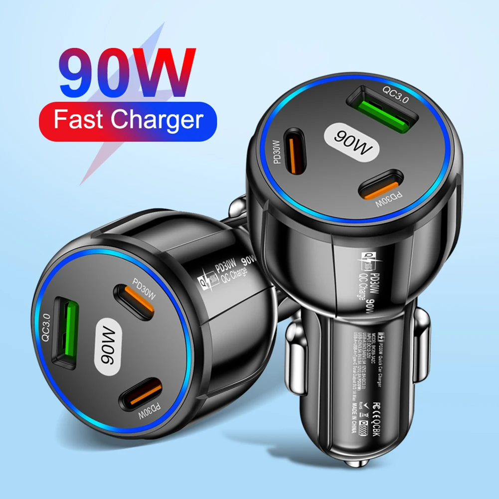 Phone Charger Adapter 3 Ports 90W Car Charger USB QC3.0 30W Type-C PD 30W for Apple Android Mobile Devices Auto Accessories