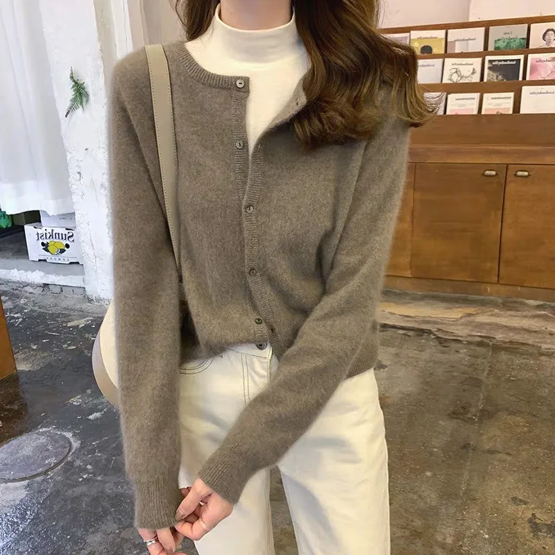 

Solid Casual Cashmere Cardigan For Women 2023 Elegant Women's Long Sleeve O-Neck Sweater Korean Female Knitted Cardigan Coat
