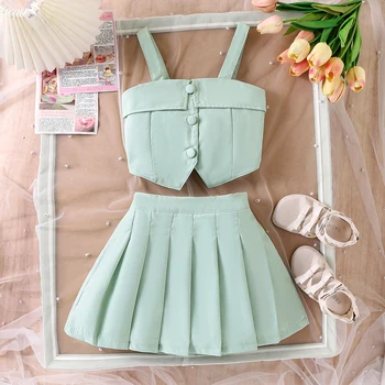 2PCS Summer New Style Girls 2-7 Years Old Sweet And Comfortable Suspender Top + Pleated Skirt 2