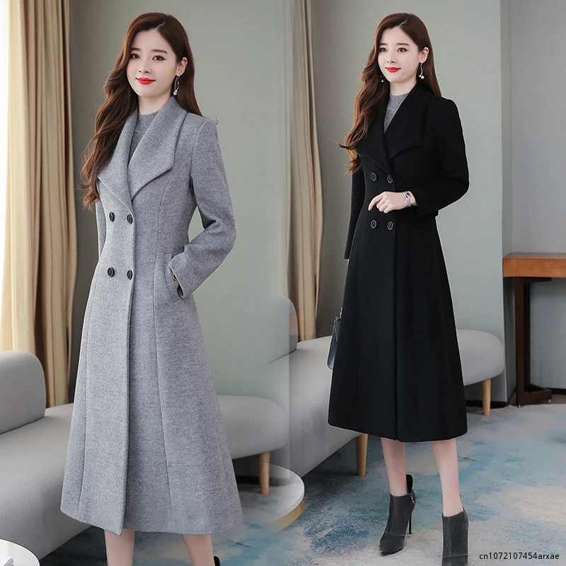 

Высококачественное зимнее кашемировое длинное пальто, винтажное осеннее теплое утепленное шерстяное пальто оверсайз 2023, Черная Женская куртка, женская верхняя одежда