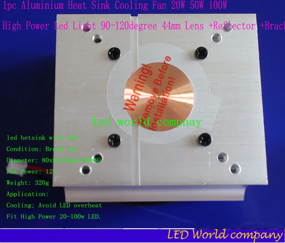 Aluminium Heat Sink Cooling Fan 20W 50W 100W High Power Led Light 90-120degree 44mm Lens +Reflector +Bracket