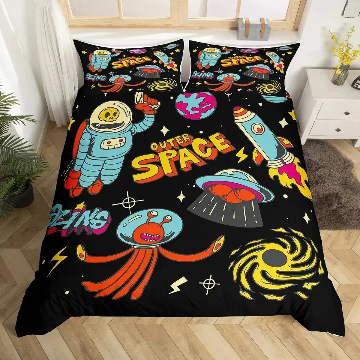 Modern Rocket Ship Duvet Cover Set Full Size,Space Ship Galaxy Bedding Set,boys Girls Rocket Planet Star Cartoon Comforter Cover 4