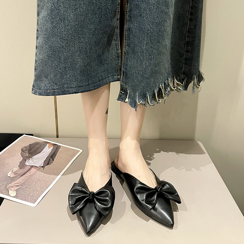 

2024 Slippers for Women Mules Casual Flat Low Heels Shoes Woman Butterfly Knot Pointed Toe Summer Slippers