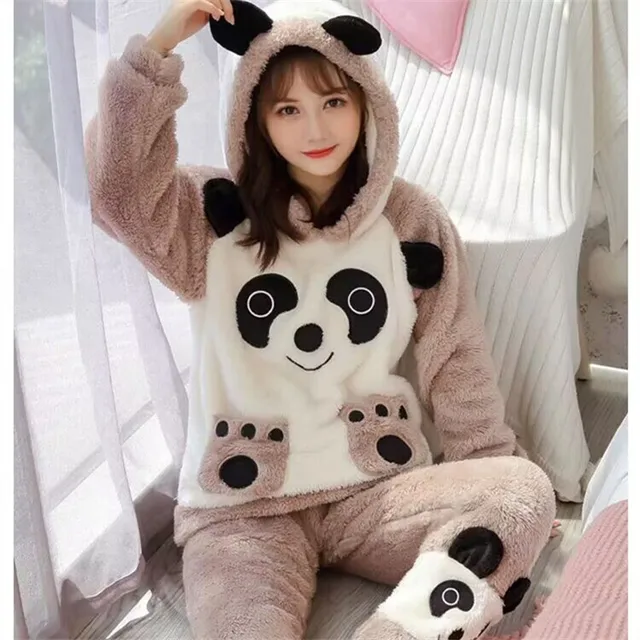 Pijamas cálidos de lana de Coral para mujer, conjunto de 2 piezas de manga larga con capucha, ropa de casa con estampado bonito, novedad de 2024 - Image 2