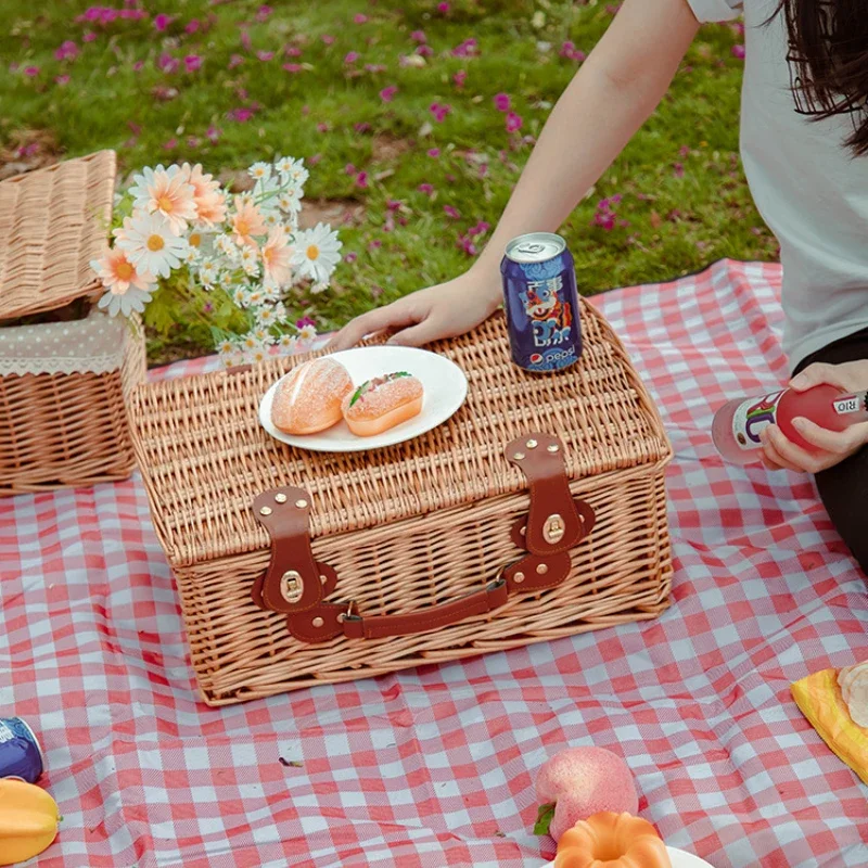 Outdoor Pull Rod Type Picnic Basket Container Multi-function Rattan Weave Picnic Carrier with Wheels Semi-circular Food Storage 6