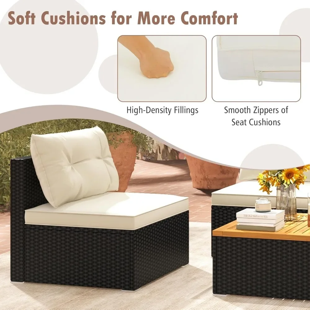 5 Piece Rattan Sofa Set, Patiojoy Outdoor Wicker Furniture Set with Seat & Back Cushions, Square Coffee Table, Garden Sofa Set 4