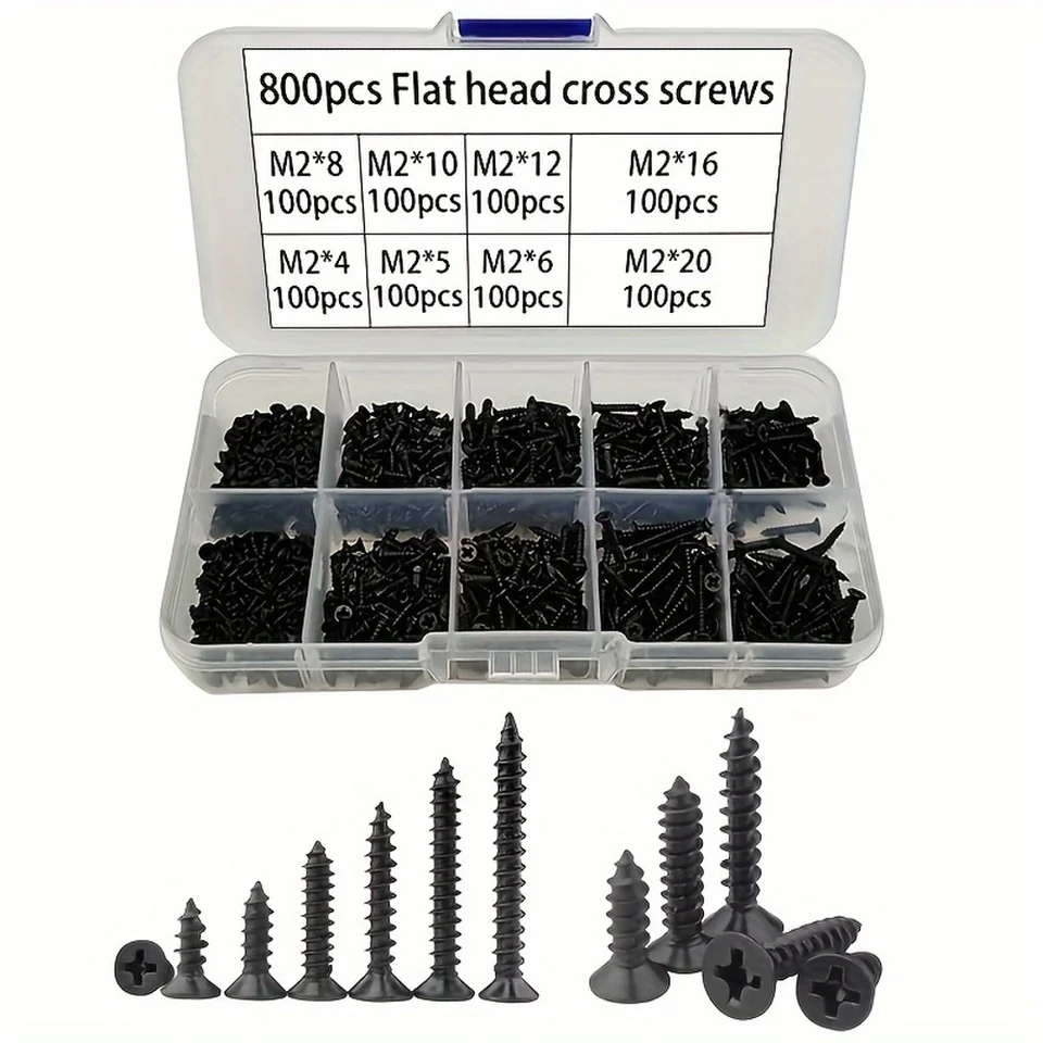 Juego 800 Tornillos Autorroscantes M2 Negro - 8 Tamaños (4-16 Mm), Acero Al Carbono, Para Madera, Plástico Y Metal Blando