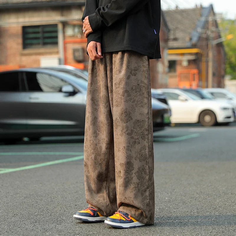 Summer Casual Pants Elastic Waist Straight Wide Leg Printed Pants Baggy Japanese Lightweight Trousers