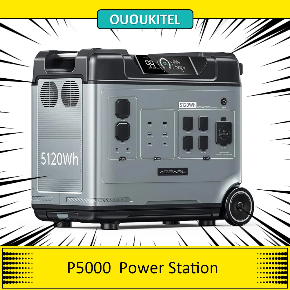 Ououkitel Abearl P5000 Centrale Elettrica Portatile, Batteria Lifepo4 Da 5120Wh, Uscita Da 2200W, Ups Da 2000W Senza Cuciture, 15 Uscite, Display Lcd