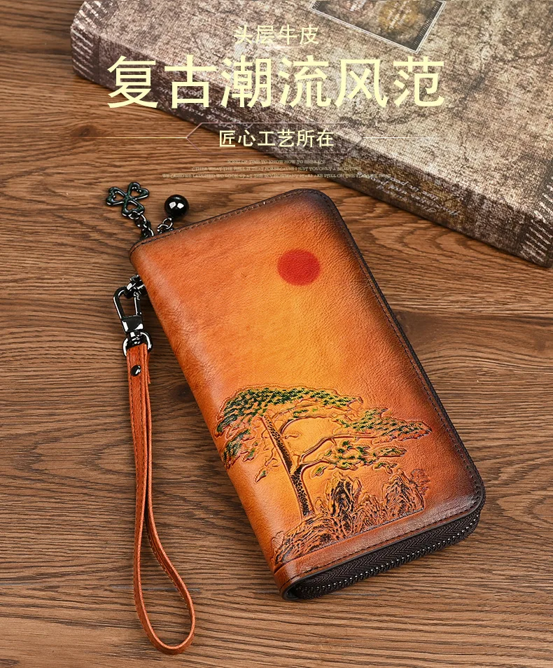 Vintage Echt leder Frau Brieftasche lange Damen echte Kuh Leder Geldbörse erste Schicht Rindsleder Karten halter Clutch Tasche – Detail 1