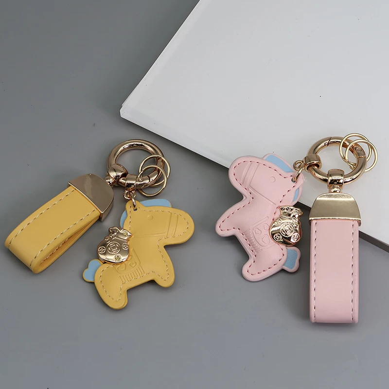 Women Leather Charms Bag Pendant Keychain Cartoon Pony Rocking Horses Keyring Cute Animal Ornament Key Holder Gift Accessories