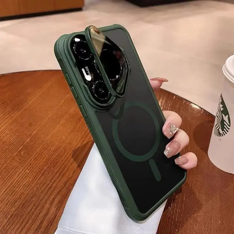Magnetic Matte Transparent Acrylic Phone Case with Camera Protection and Stand