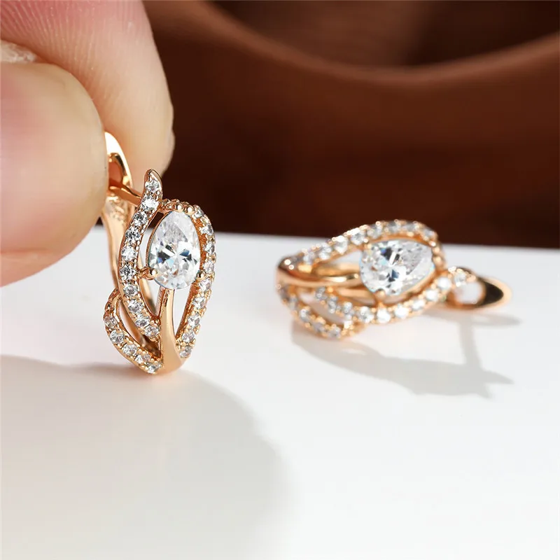 Charm Female Pink Blue Zircon Stone Flower Clip Earrings For Women Gold Color Water Drop Wedding Jewelry