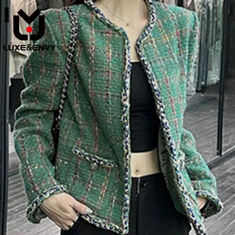

LUXE&ENVY Green Plaid Small Fragrant Round Neck Coat High End Celebrity Style New Top Women 2023 Autumn
