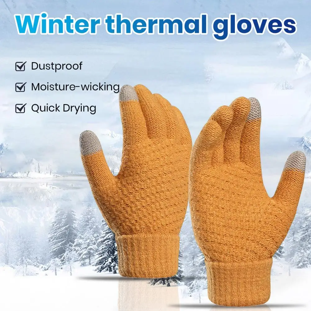 

Solid Color Warm Knitted Gloves Cozy Stylish Knitting Gloves for Women Men Thickened Ribbed Cuffs Touch Screen Windproof Winter