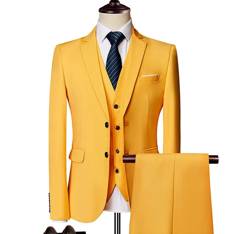 Yellow Formal Business Men Suit Smart Casual Slim Fit Blazer Hombre Fashion Custom 3 Piece Set Jacket Pant Vest Costume Homme
