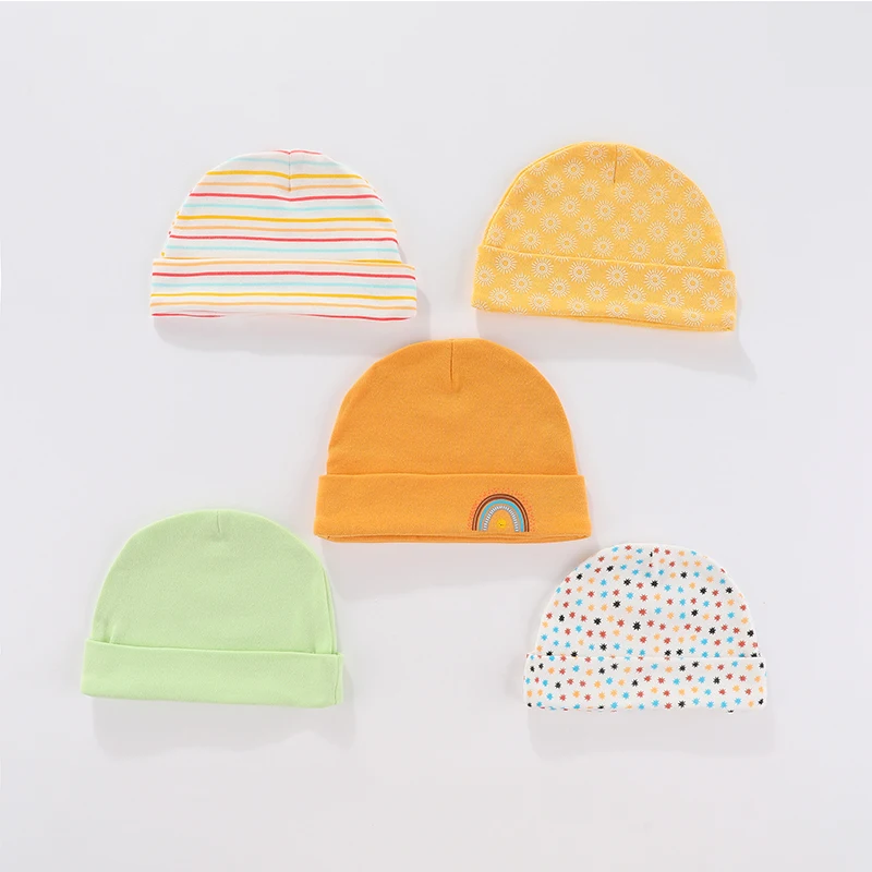 New Born Baby Boy Hats 3/5Pieces Cotton Baby Girls Hats Cartoon 0-6Months Unisex Soft Solid Color Infant Accessories 2