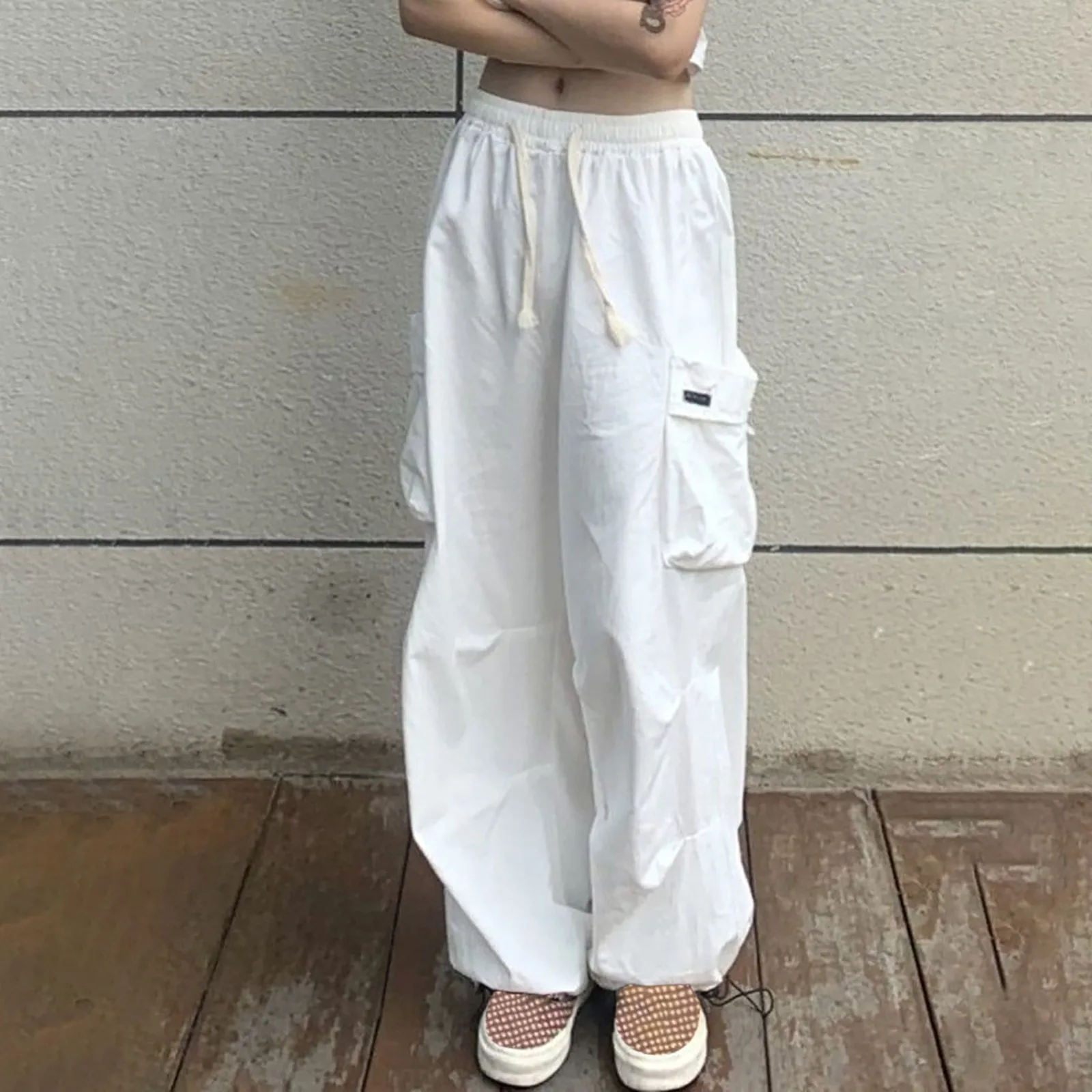 

Women Fashion Trousers Streetwear Wide Leg High Waist Straight Vintage Baggy Overalls Cargo Pants With Pockets Drawstring Pants