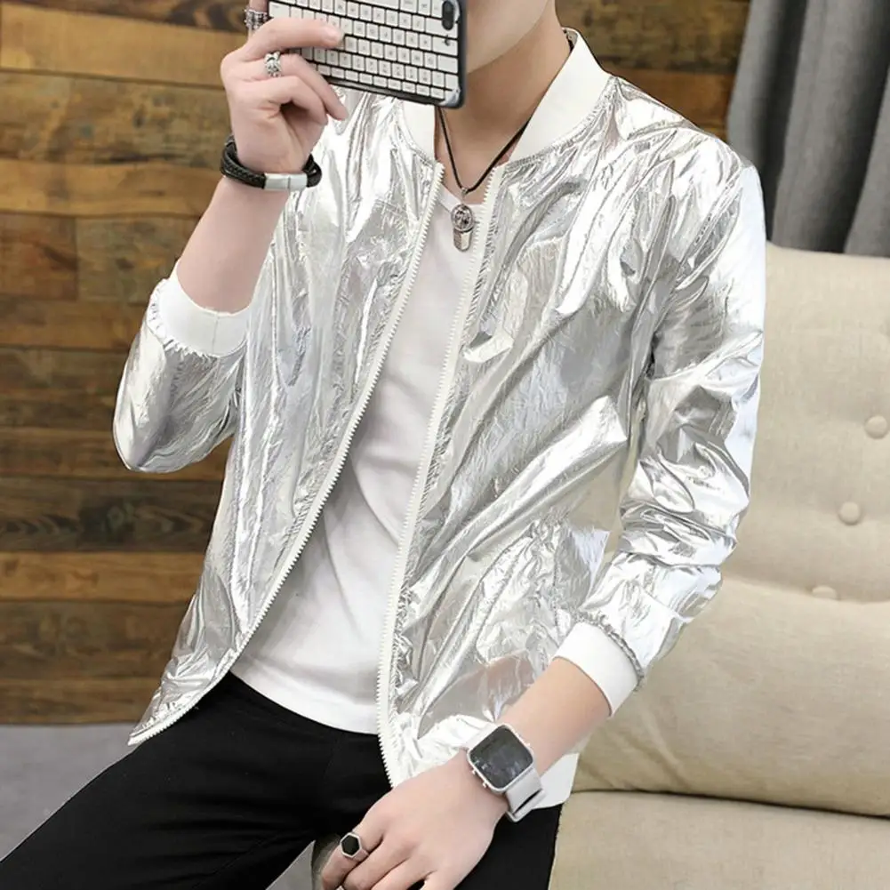 

Men Urban Dancewear Stylish Men's Glossy Solid Color Cardigan Jacket for Hip Hop Street Dance Nightclub Stage Performance Glossy