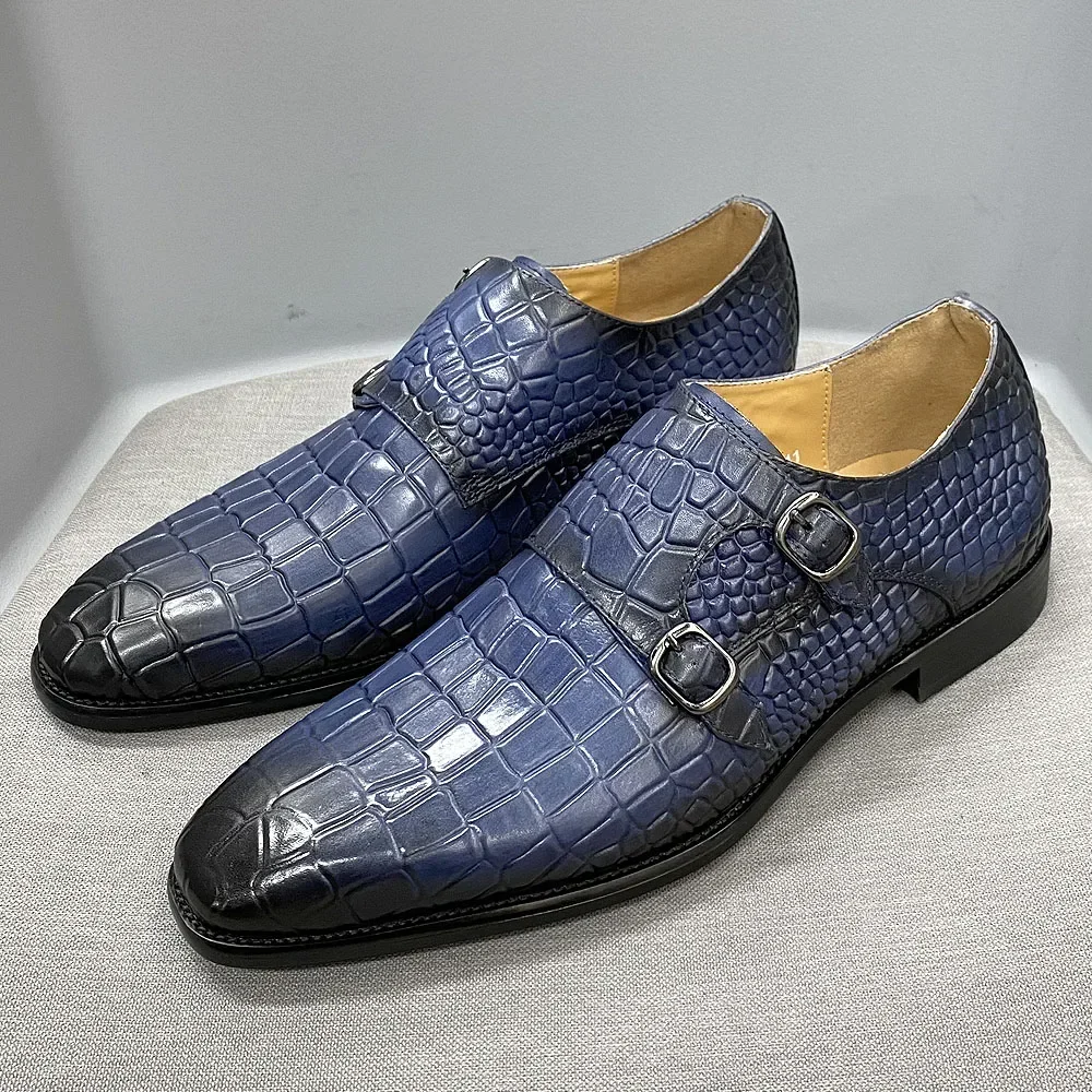 Men's Big Size 12 Monk Strap Dress Shoes-Genuine Leather Luxury Crocodile Print Double Buckle Pointed Toe Wedding Shoes