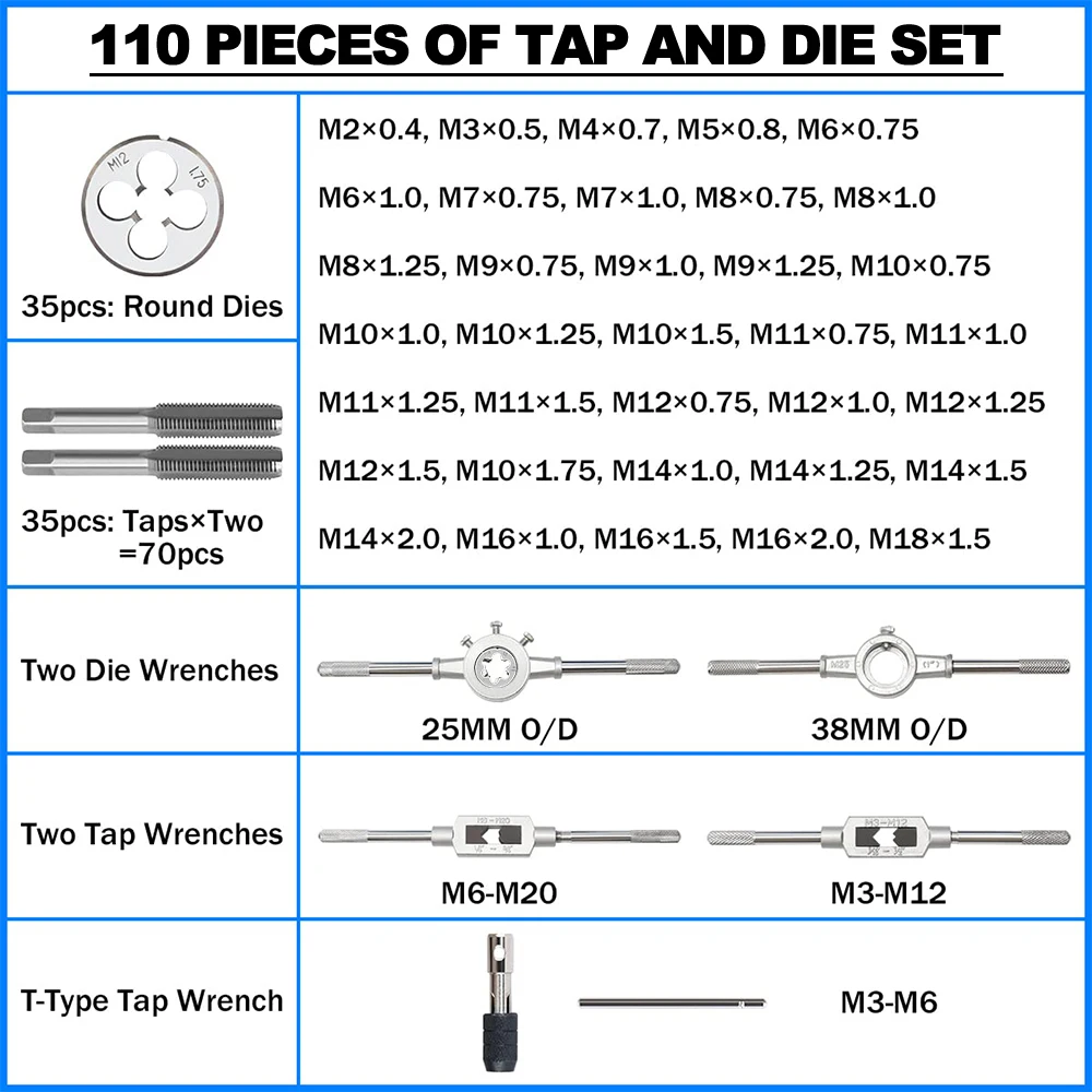 Set Di 110 Pezzi Di Rubinetti E Filiere In Acciaio Al Tungsteno Con Chiave Per Rubinetti In Valigetta Metallica Metalworks - Foto 14
