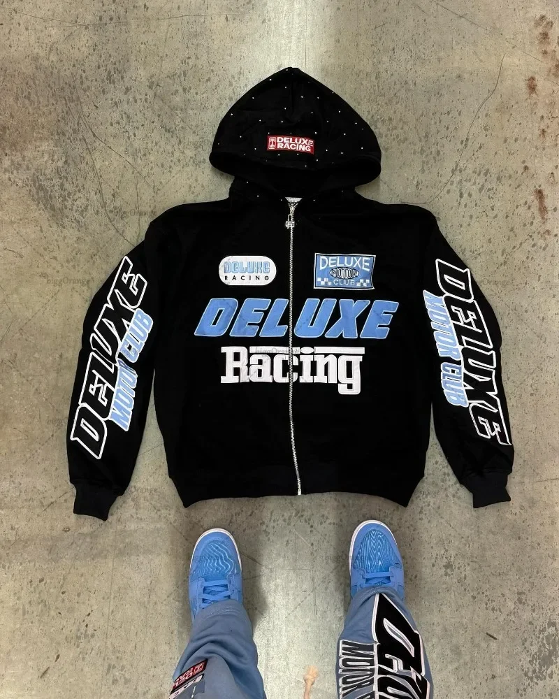 

European and American Gothic Harajuku Clothing Women Y2k Letter Embroidered Zipper Sweatshirt Loose Casual Oversized Hoodie Men