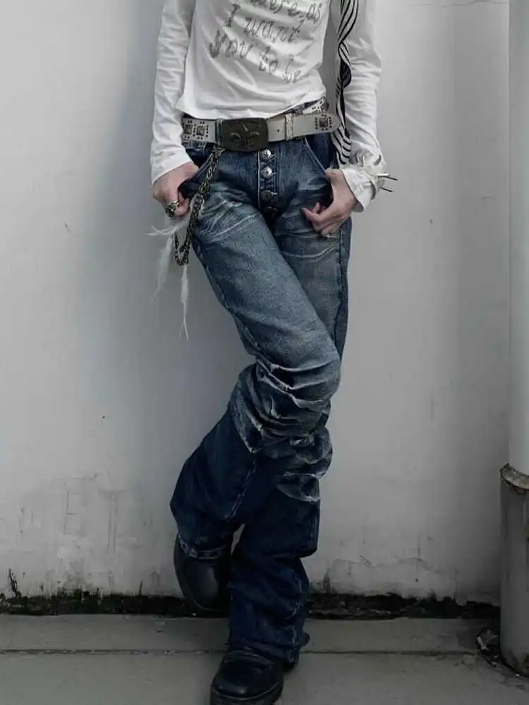 Women Grunge Cyber Punk Vintage Mom Jean Y2k Japanese Harajuku Low