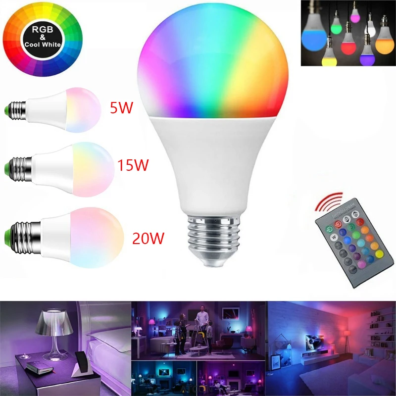 

RGBW LED Bulb Light E27 5W 10W 15W 20W Dimmable Lamp Multicolor Changeable+IR Remote Control RGB Lampada Indoor Lighting Lamp