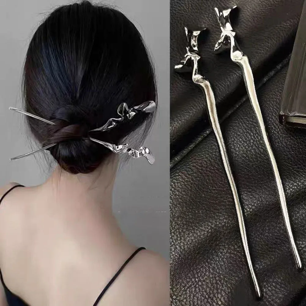 

Pleated Alloy Hair Clip Metal Geometrical Irregular Twisted Hair Forks Chinese Style Hair Sticks Modern Simple Hair Accessories