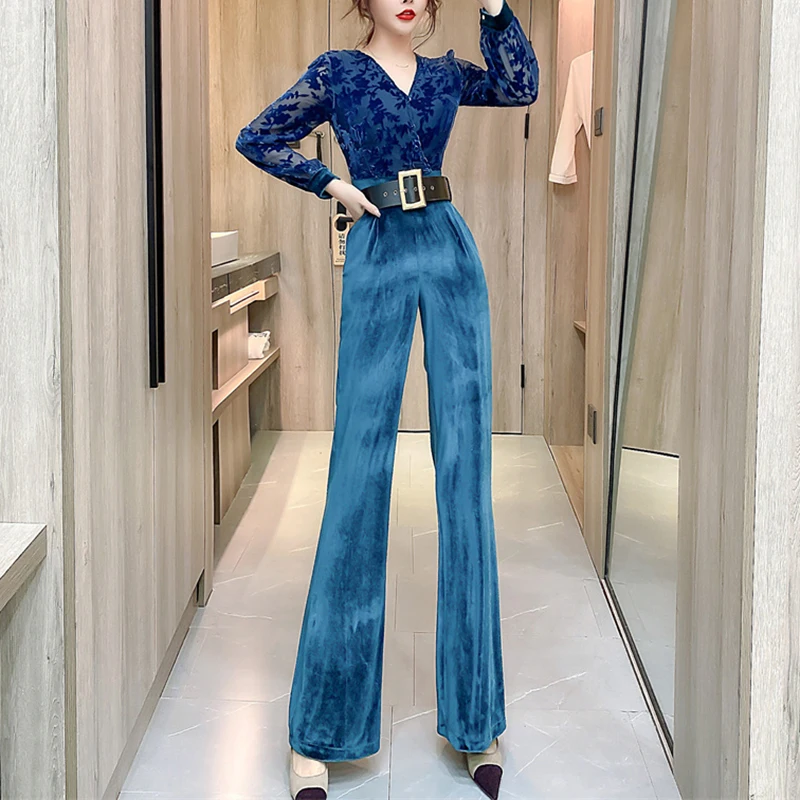 Women Elegant Velvet Jacquard Jumpsuit 2023 New Sexy V-neck Puff Sleeves Bodysuit Overalls Ladies Casual Rompers Wide Leg Pants