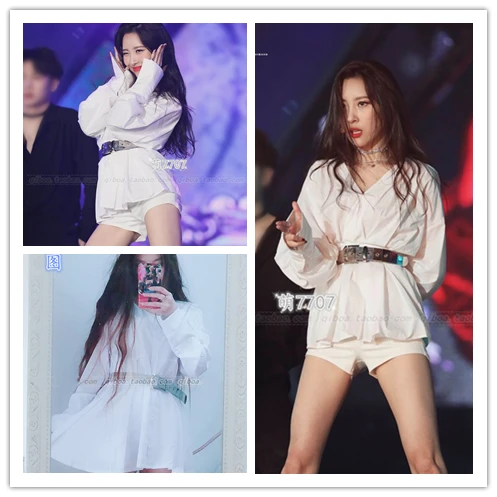 Korean Singer Jazz Dance White Loose Long-Sleeved Mid-Length Shirts Blouses Tops + High Waist Slim Shorts Women Two Piece Set