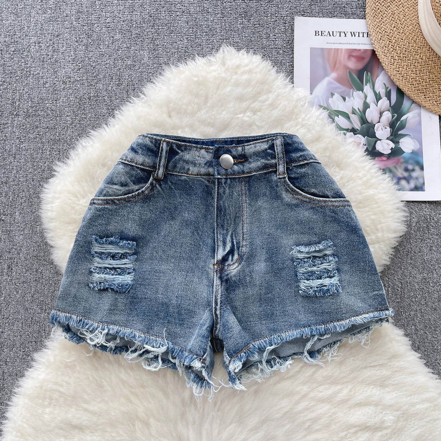 

Jeans Shorts Women Pockets High Waist Distressed Summer Wide Leg Short Designed A-line Streetwear American Retro Dropshipping