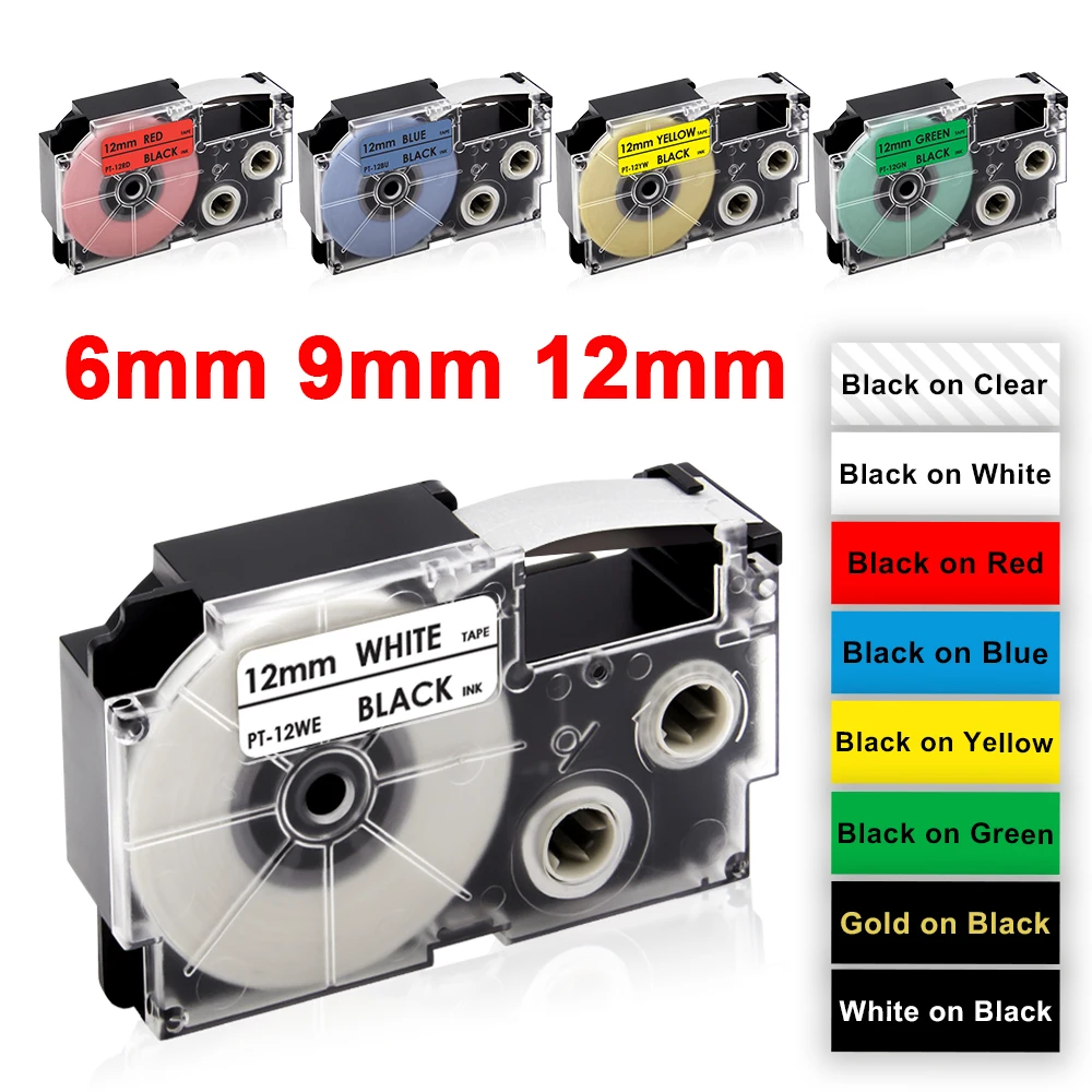 

1Pcs XR-12WE Compatible for Casio XR-12YW XR-12X XR-6WE XR-9WE XR-9YW 6/9/12mm Label Tape for Casio KL-60 KL-100 120 Label Maker