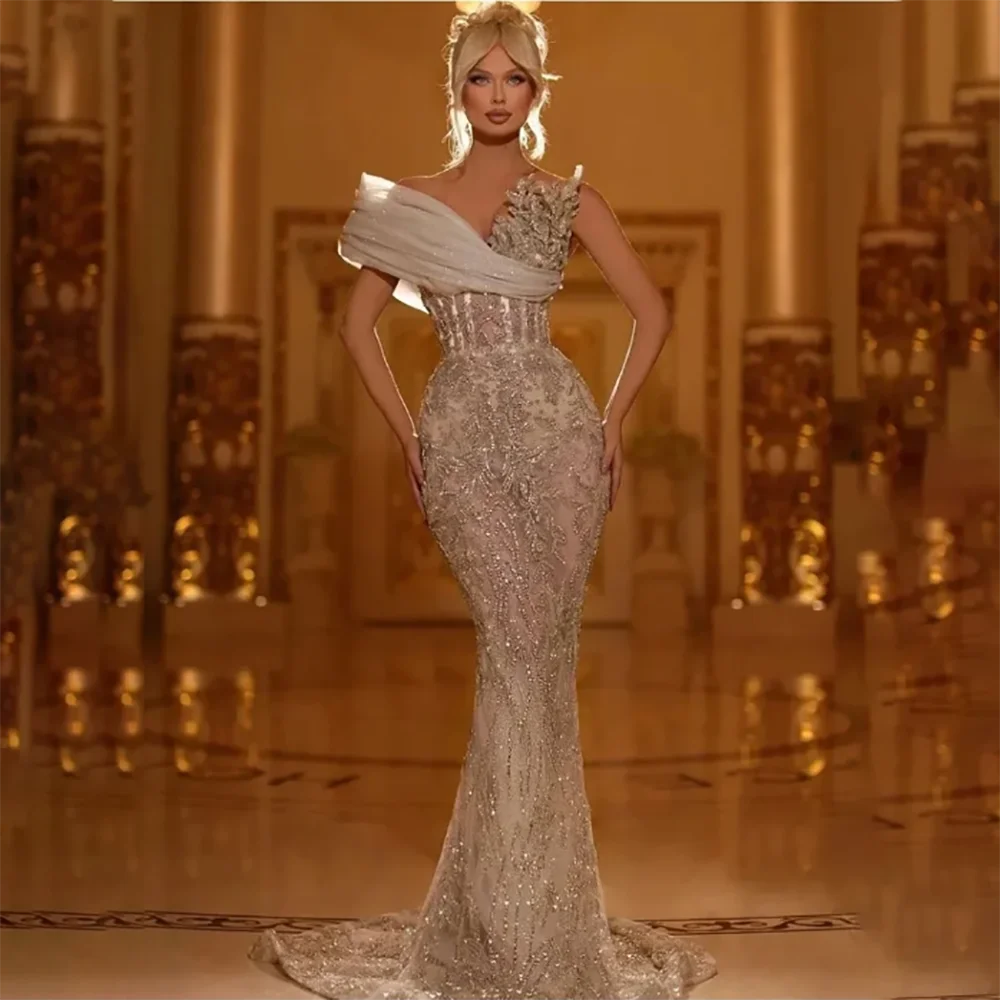 

Luxury 2023 Champagne V-Neck Mermaid Party Evening Gowns Sexy Decal Lace Beaded Senior Formal Dresses