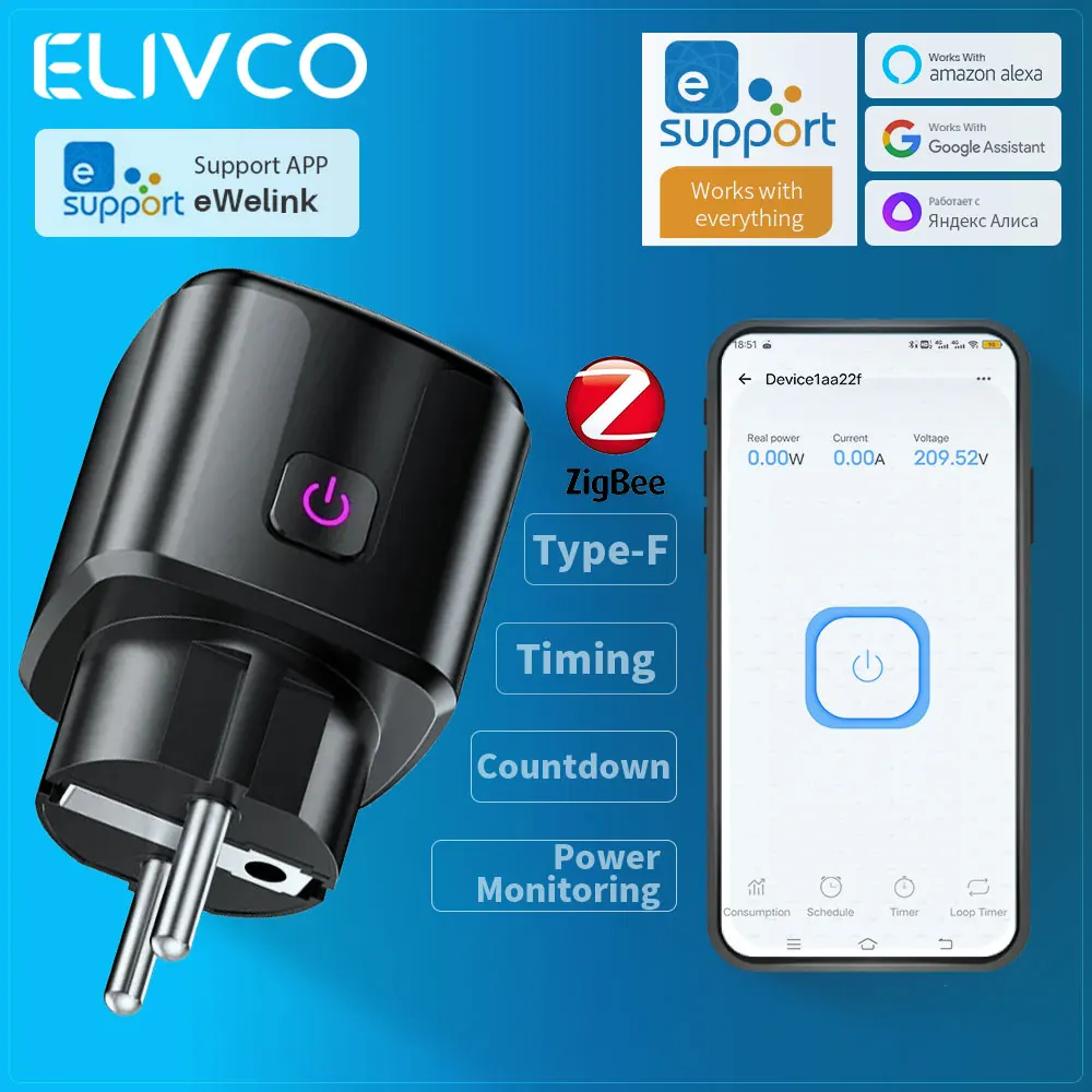 ELIVCO Zigbee Smart Plug Smart Socket, timing countdown power monitoring eWelink support Home Assistant Google Assistant Alexa Smartthings