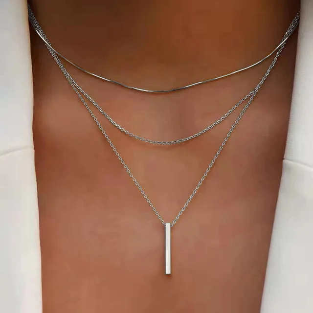 Collier empilable à trois couches en argent Sterling 925 pour femmes, pendentif à bande Simple, étanche, hypoallergénique, chaîne de clavicule, bijoux