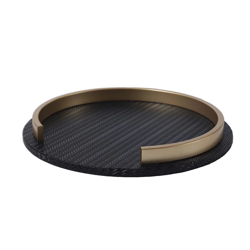 Leather Round Tray Creative Black Woven Leather Metal Tray Decorative Trays Storage Supplies