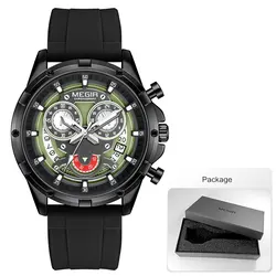 Men's Sport Chronograph Watch with Luminous Hands and White Silicone Strap (Black green - Box)