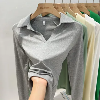 AOSSVIAO 2025 بلون كم طويل تي شيرت المرأة الخريف مضلع محبوك بولو الرقبة سليم صالح قاعدة قميص تنوعا رداء علوي غير رسمي