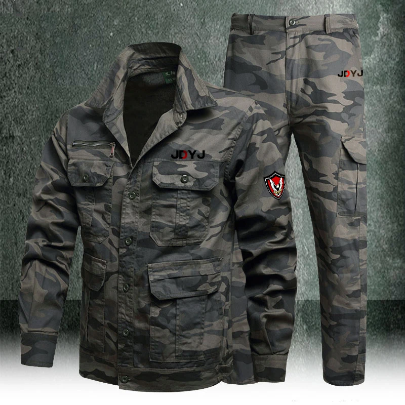 Men's Work Clothes Summer Set Outdoor Camouflage Set Thin Jacket Long Pants Wear resistant Pocket Work
