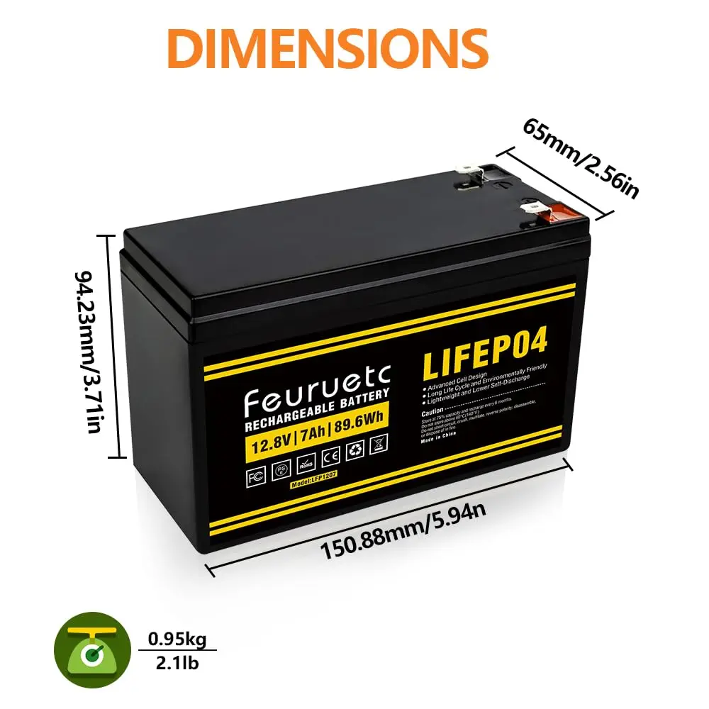 12V 7Ah LiFePO4 lithium Battery, 2000+ Cycles Lithium Iron Phosphate Rechargeable Battery for Small UPS, Lighting, Power Wheels