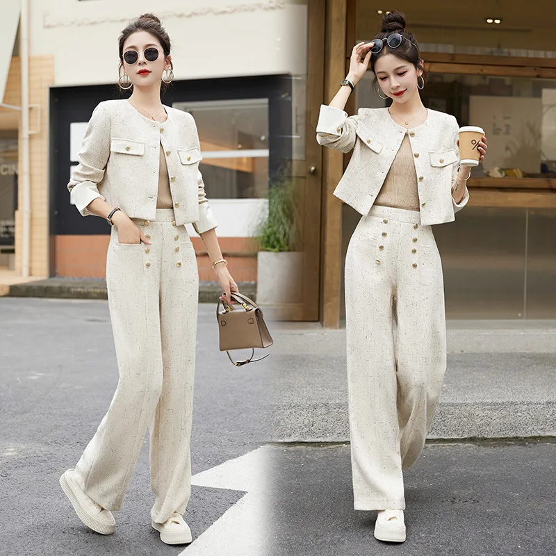 

Women's Small Fragrance Rough Tweed Suit Coat Wide Leg Pants Set Vintage Casual Solid Color Round Neck Suit Pants Two Piece Set