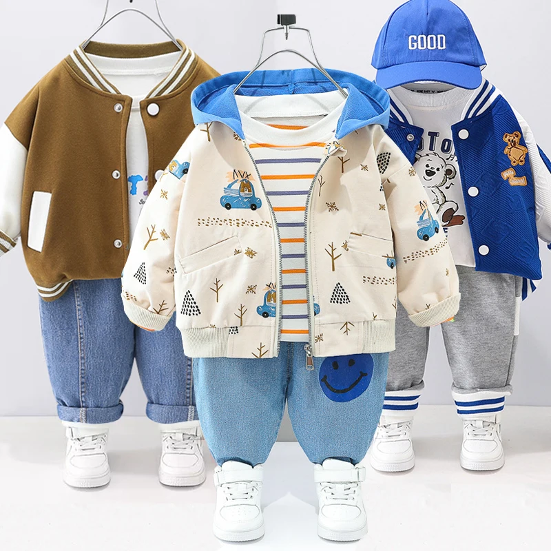 Children Tracksuit Baby Outfits Baby Boy Outfits 0-4 Years Old Autumn Long-sleeved Striped Three-piece