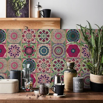 24pcs Moroccan Style Wall Stickers Waterproof Wall Paper Living Room Bathroom Kitchen Decorative Art Retro Mandala Tile Stickers 2